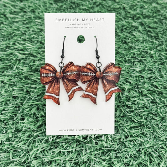 Faux Glitter Football Bow Earrings | Hypoallergenic | Game Day Ready| Football Earrings - Embellish My Heart