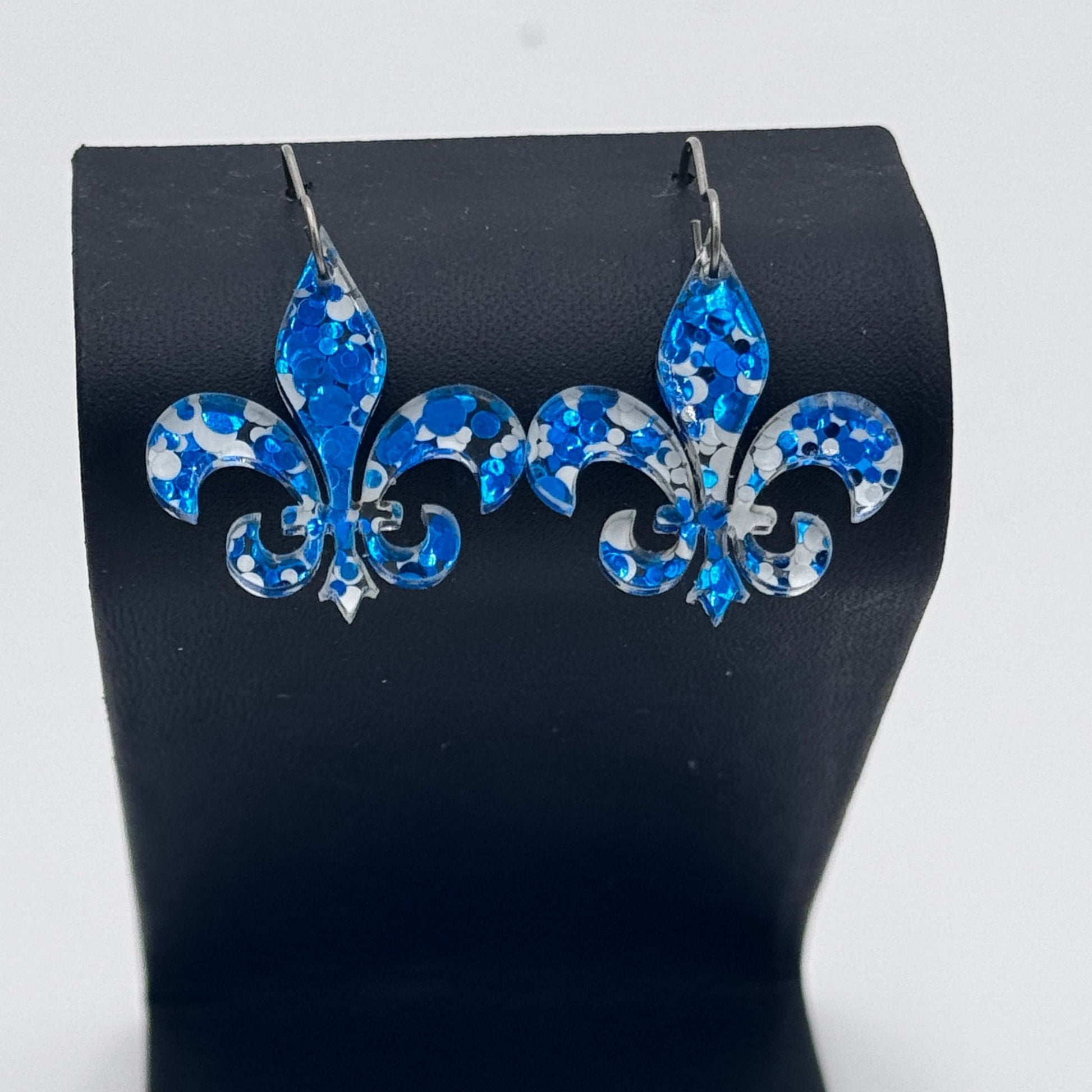 Fleur De Lis Dangle Earrings –Blue & White Sequin Pattern - Embellish My Heart