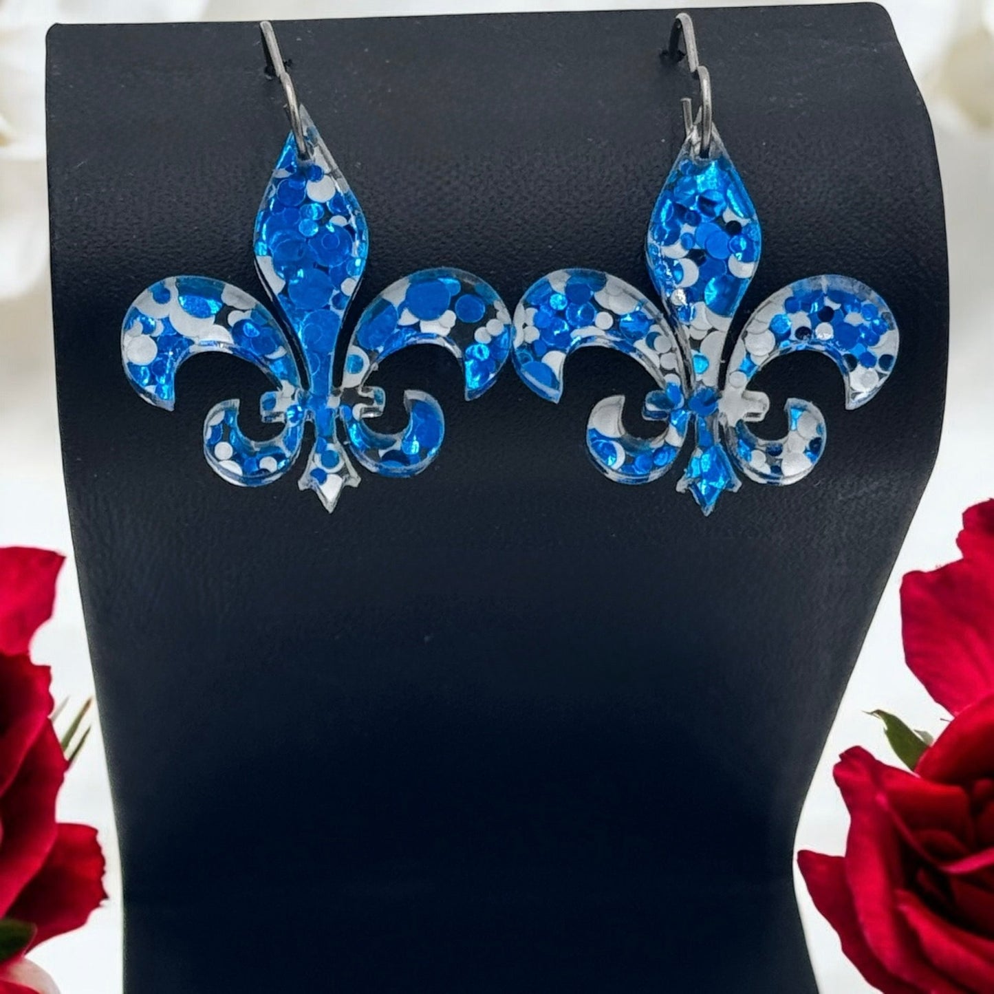 Fleur De Lis Dangle Earrings –Blue & White Sequin Pattern - Embellish My Heart