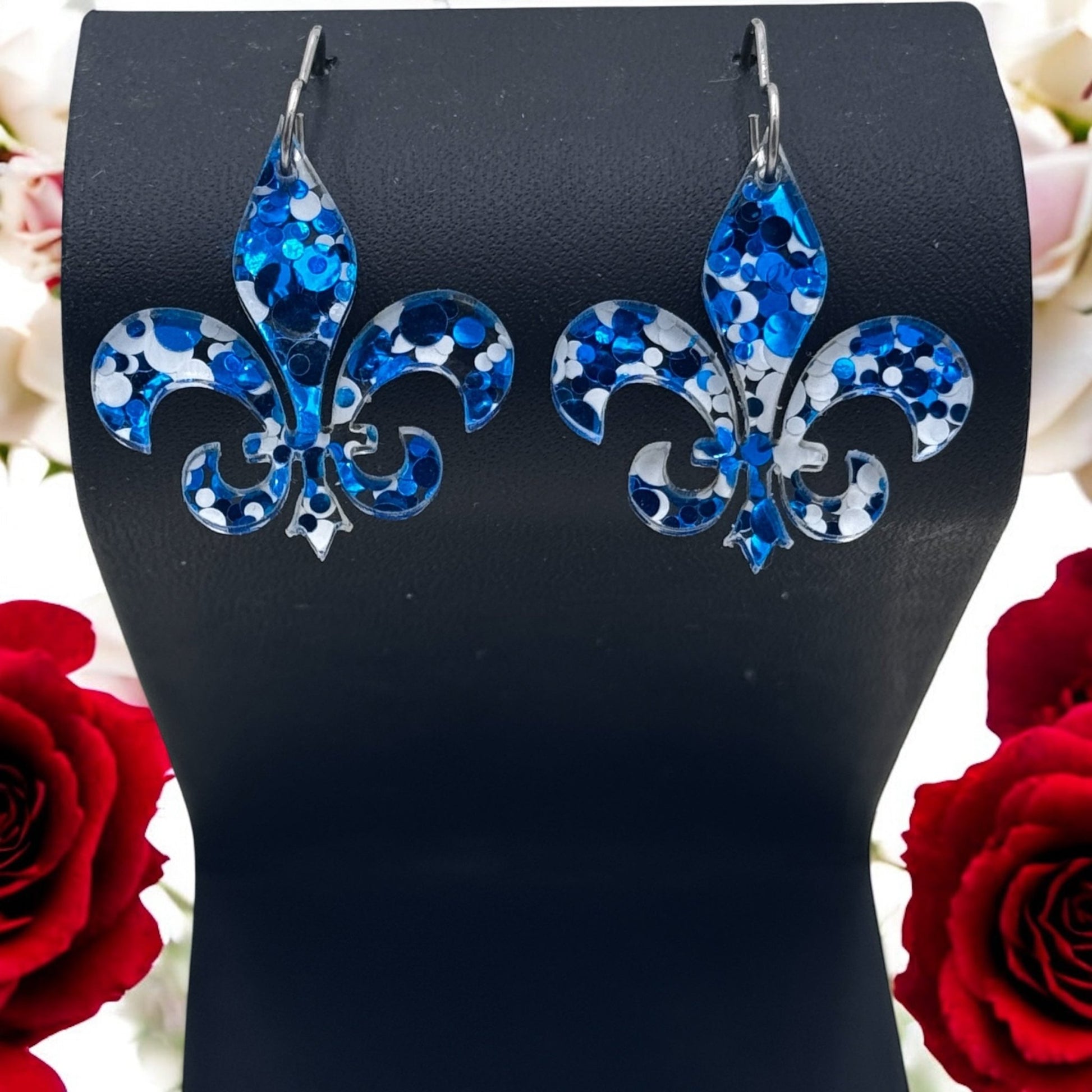 Fleur De Lis Dangle Earrings –Blue & White Sequin Pattern - Embellish My Heart