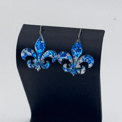 Fleur De Lis Dangle Earrings –Blue & White Sequin Pattern - Embellish My Heart