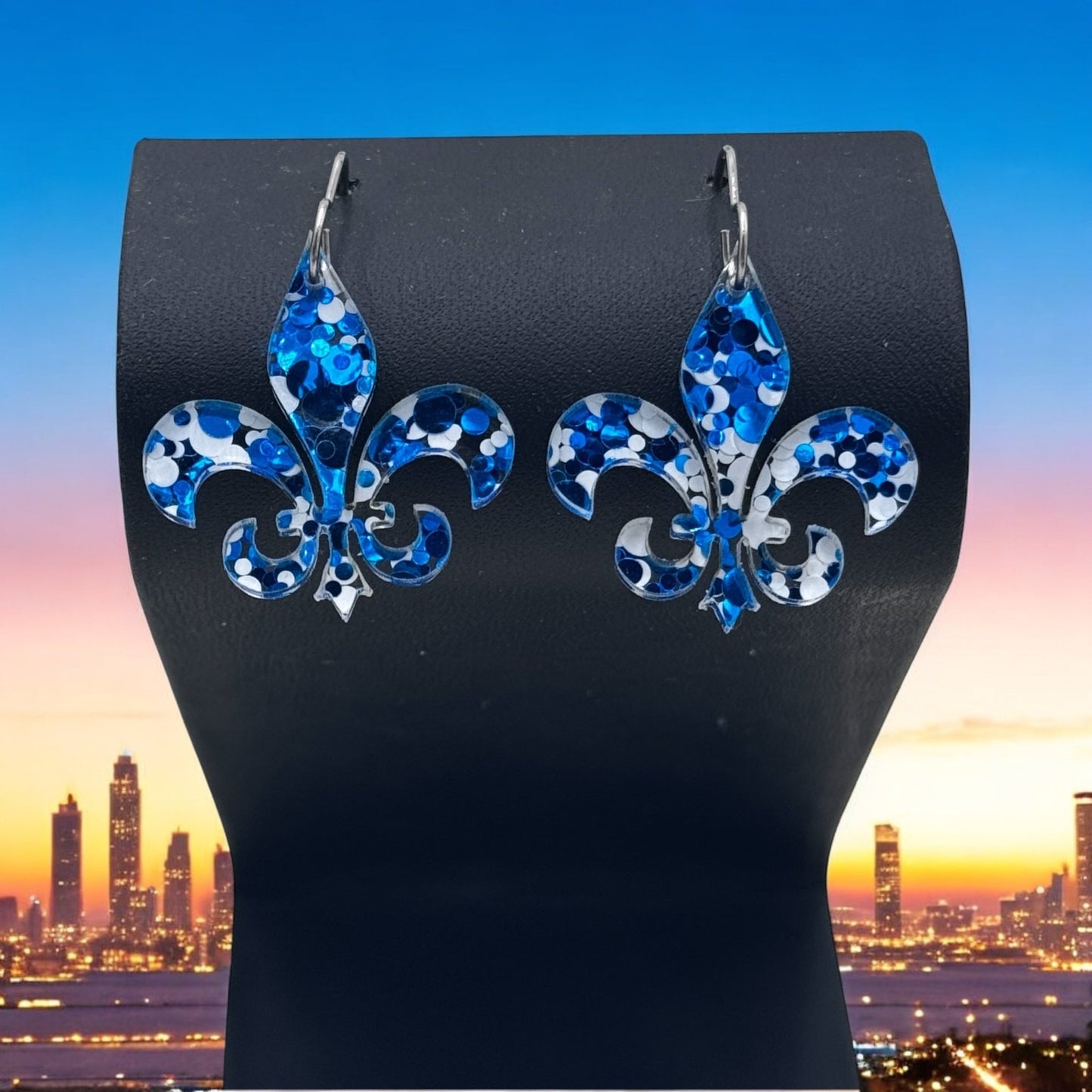 Fleur De Lis Dangle Earrings –Blue & White Sequin Pattern - Embellish My Heart
