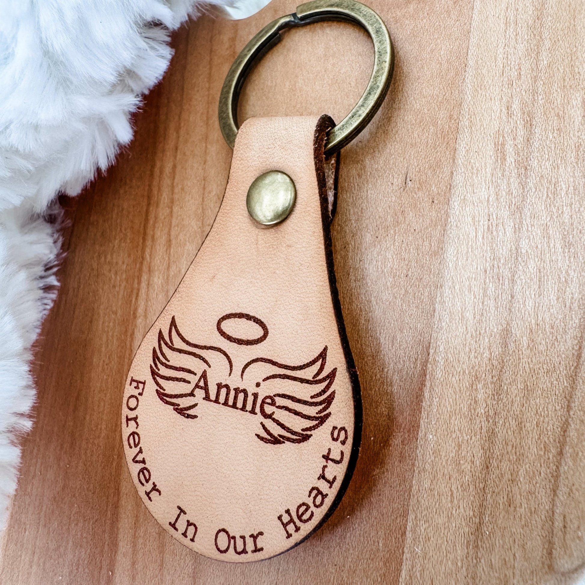 Forever In Our Hearts Keychain – Personalized Memorial Keychain with Angel Wings (Genuine Leather) - Embellish My Heart