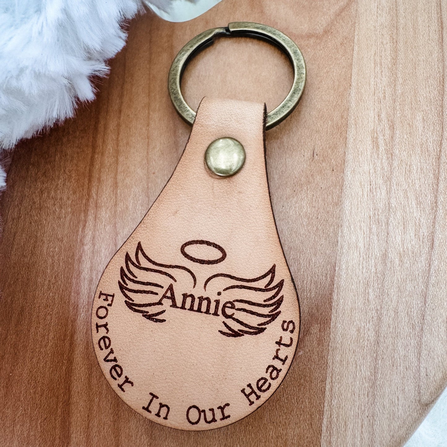 Forever In Our Hearts Keychain – Personalized Memorial Keychain with Angel Wings (Genuine Leather) - Embellish My Heart
