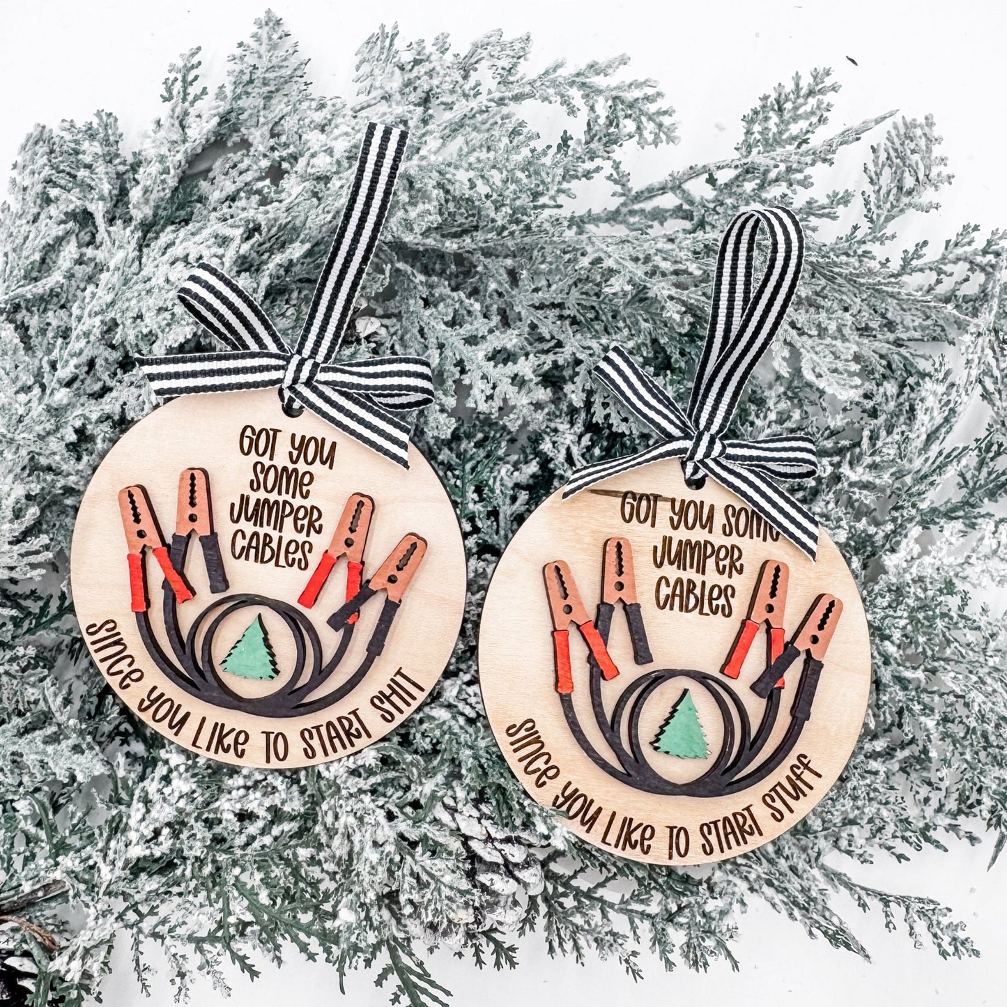 Funny Jumper Cable Christmas Ornament – “Since You Like to Start Sh*t / Start Stuff” – Handmade Holiday Gift for Friends, Siblings, or Coworkers - Embellish My Heart