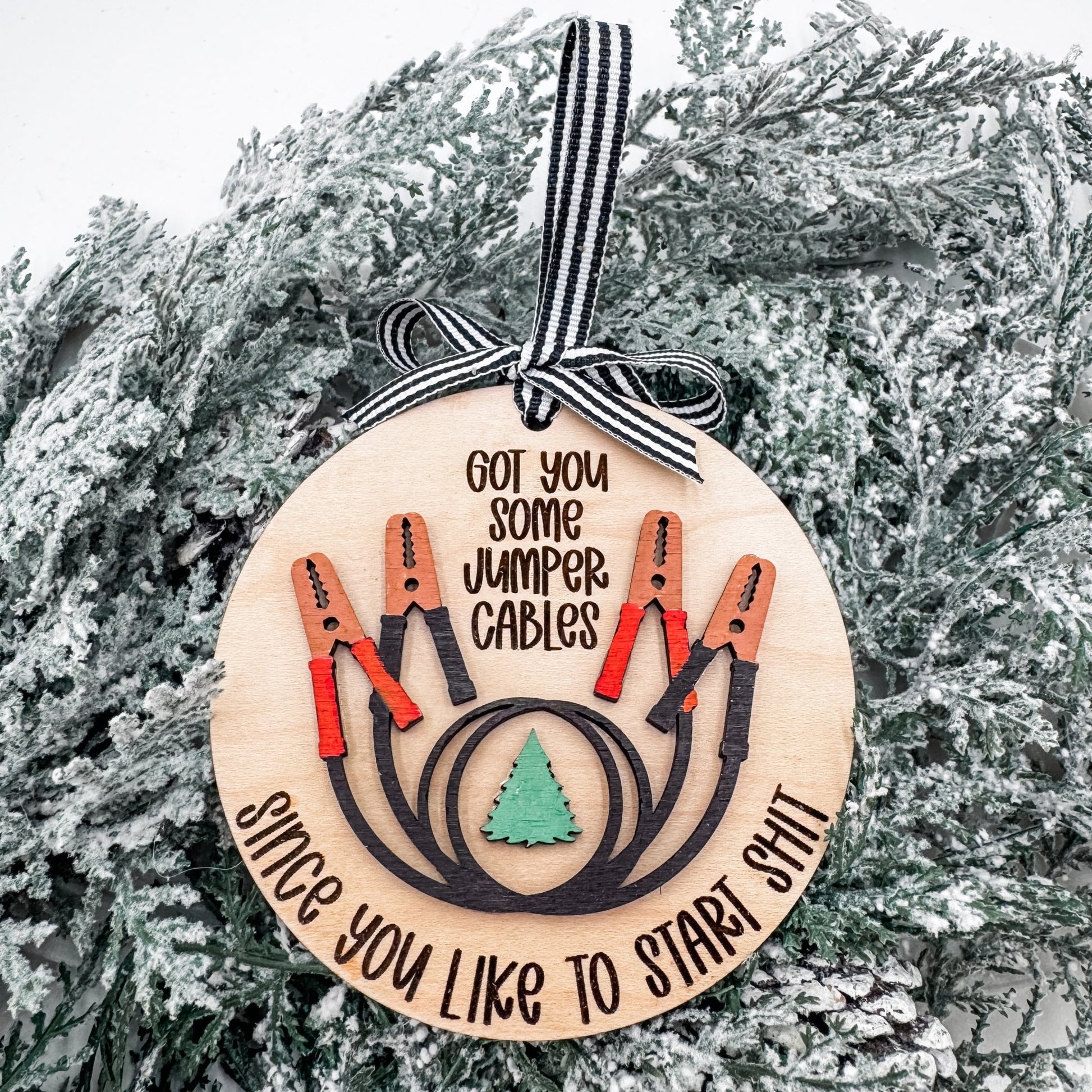 Funny Jumper Cable Christmas Ornament – “Since You Like to Start Sh*t / Start Stuff” – Handmade Holiday Gift for Friends, Siblings, or Coworkers - Embellish My Heart