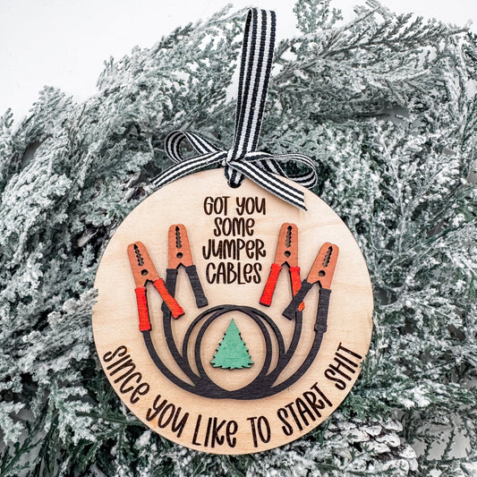 Funny Jumper Cable Christmas Ornament – “Since You Like to Start Sh*t / Start Stuff” – Handmade Holiday Gift for Friends, Siblings, or Coworkers - Embellish My Heart