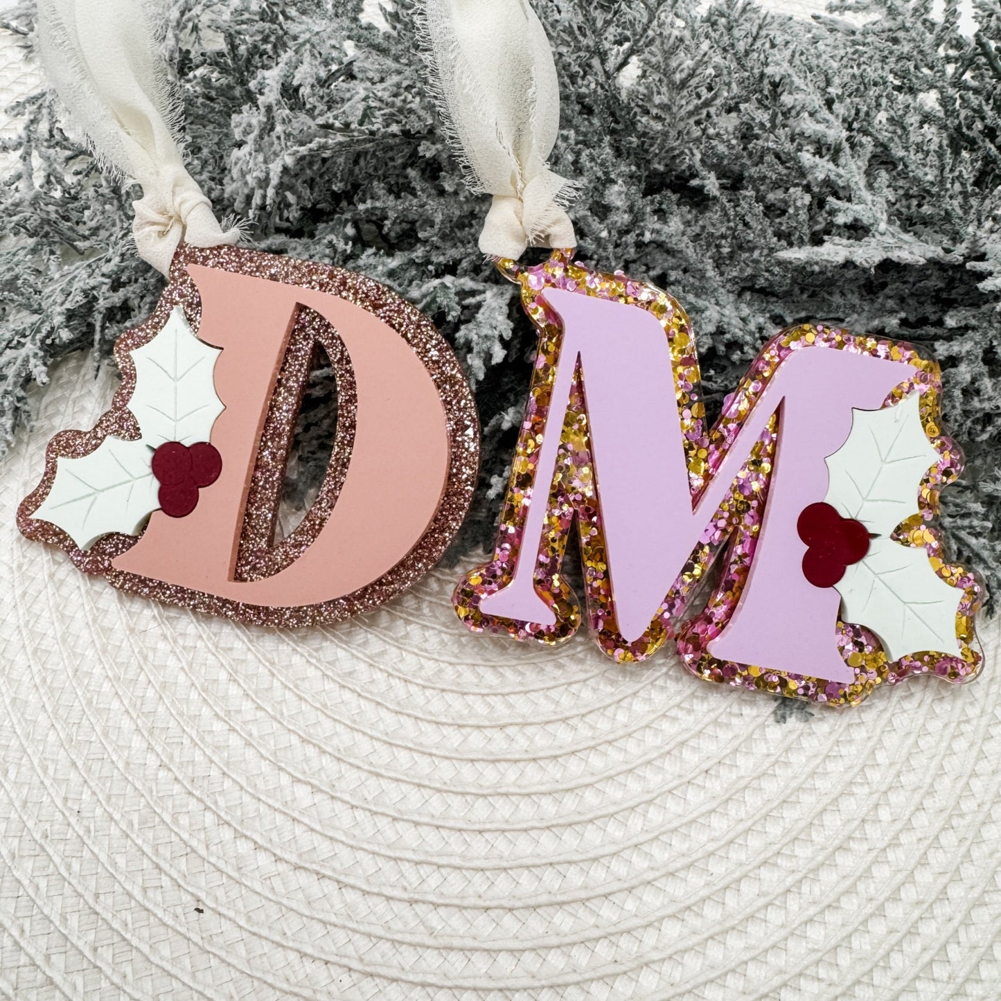 Glittery Monogram Ornament | Personalized Letter with Holly | Festive Holiday Decor - Embellish My Heart