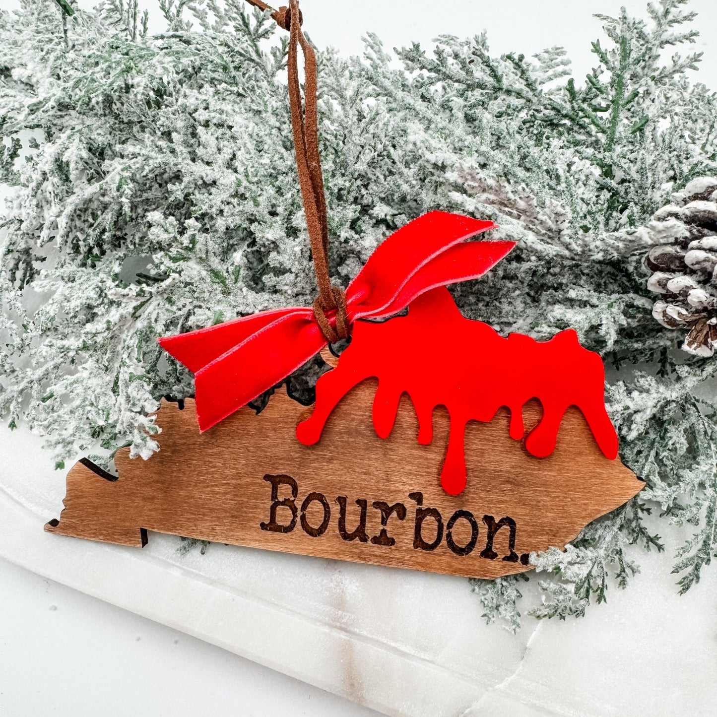 Kentucky Bourbon Ornament – Red Wax Drip State Shape – Rustic Holiday Gift for Bourbon Lovers - Embellish My Heart