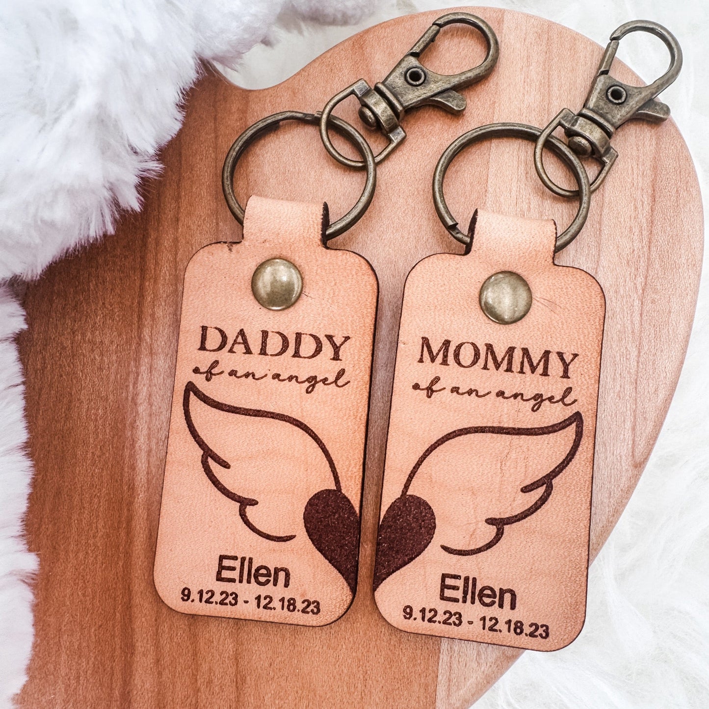 Mommy & Daddy of an Angel Leather Keychain – Personalized Memorial Keychain (Sold Individually or as a Set) - Embellish My Heart