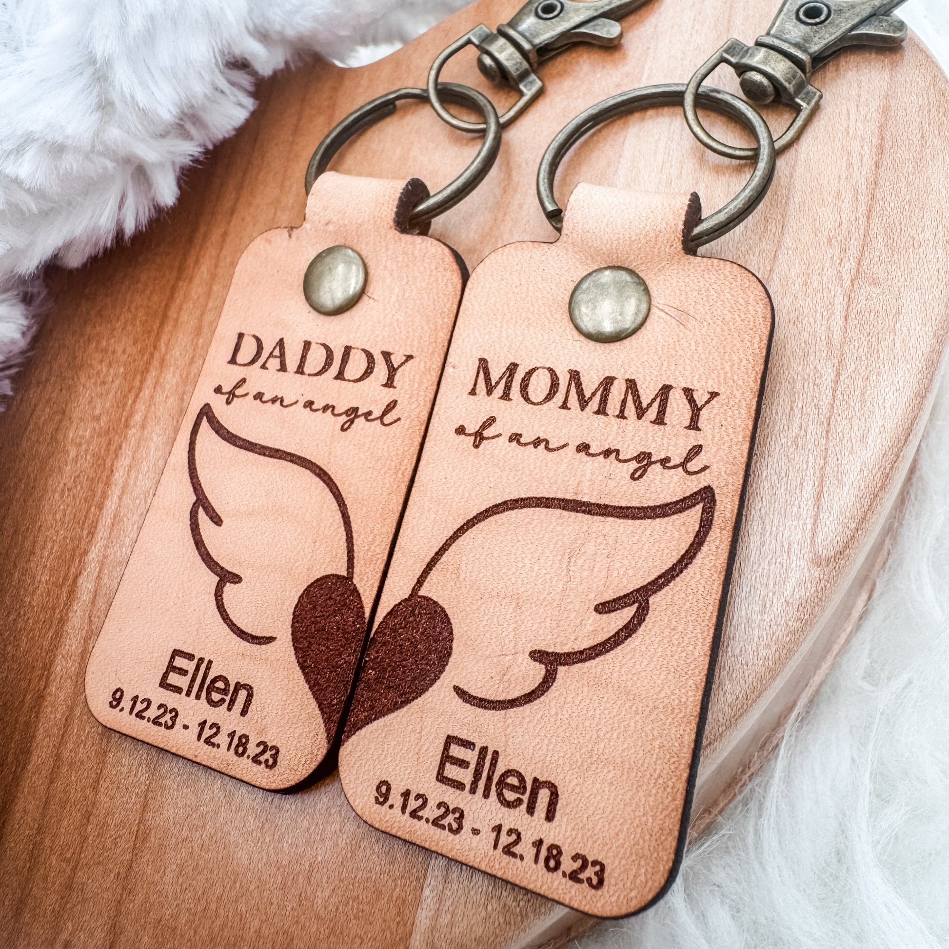 Mommy & Daddy of an Angel Leather Keychain – Personalized Memorial Keychain (Sold Individually or as a Set) - Embellish My Heart