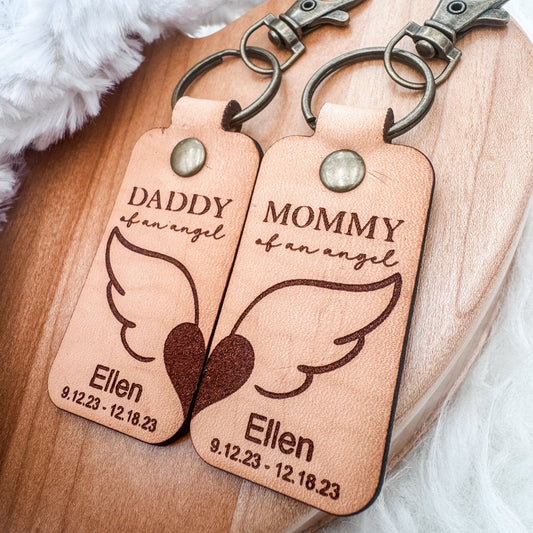 Mommy & Daddy of an Angel Leather Keychain – Personalized Memorial Keychain (Sold Individually or as a Set) - Embellish My Heart