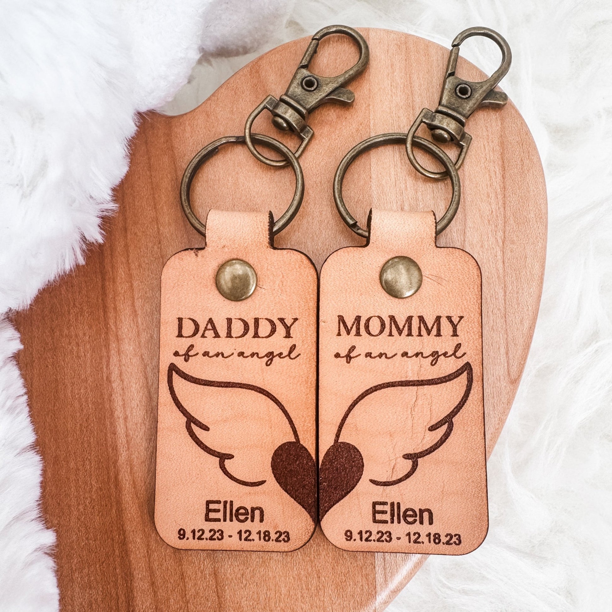 Mommy & Daddy of an Angel Leather Keychain – Personalized Memorial Keychain (Sold Individually or as a Set) - Embellish My Heart