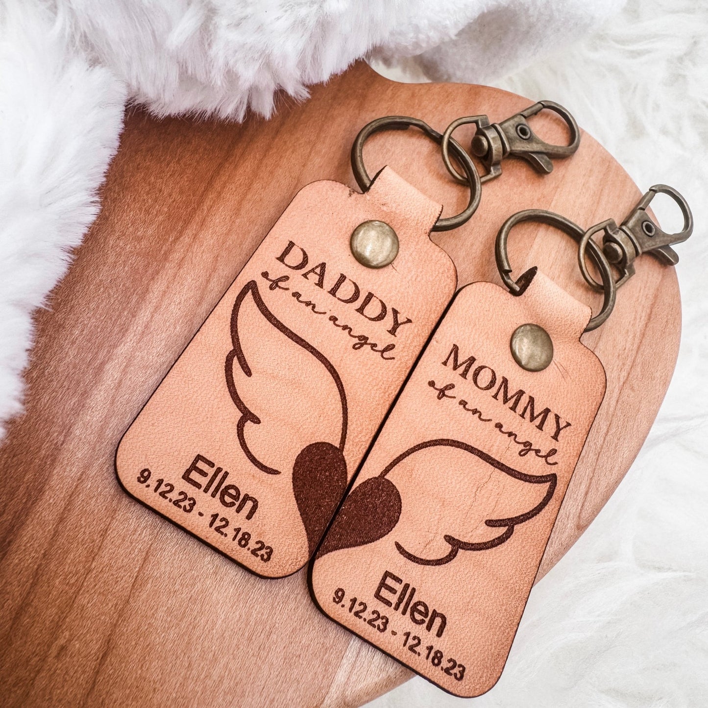 Mommy & Daddy of an Angel Leather Keychain – Personalized Memorial Keychain (Sold Individually or as a Set) - Embellish My Heart