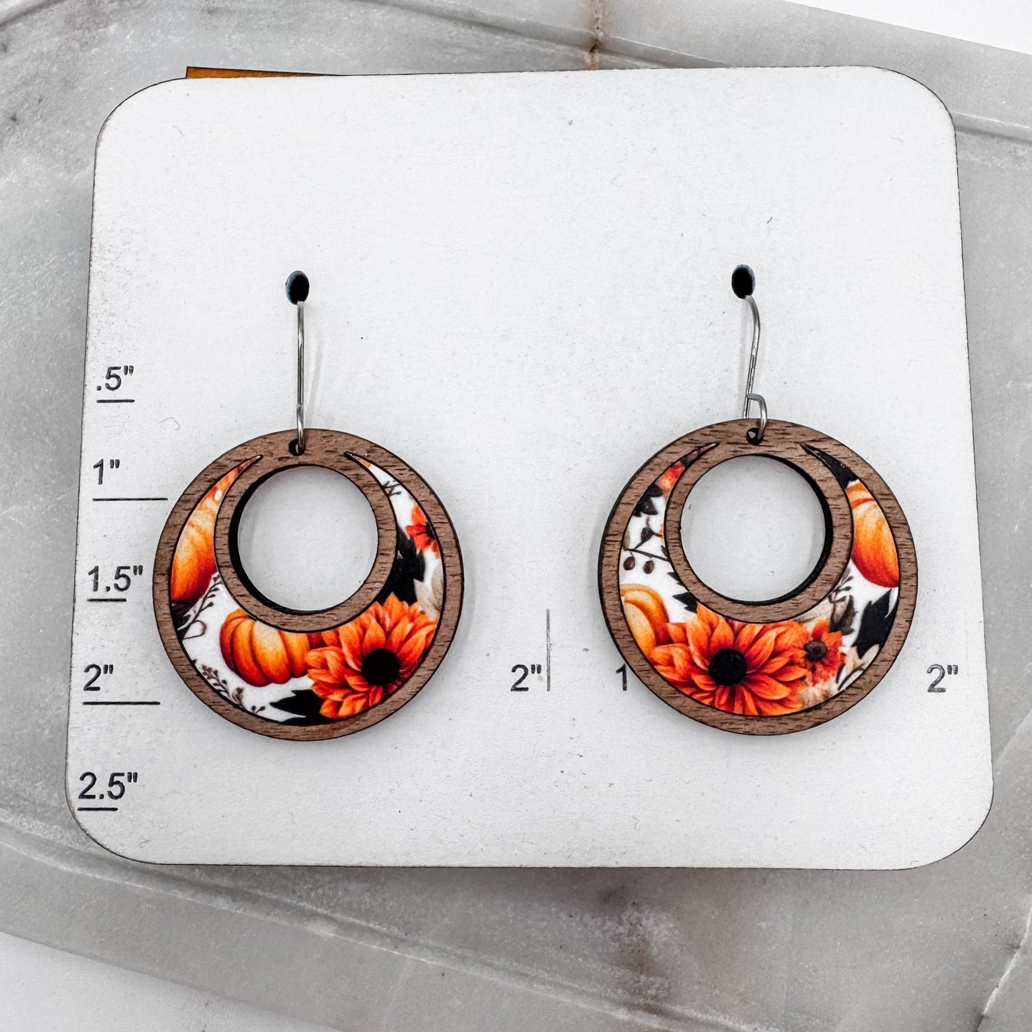 Moody Fall Floral Hoop Earrings – Wooden Crescent Earrings with Rich Black Background - Embellish My Heart
