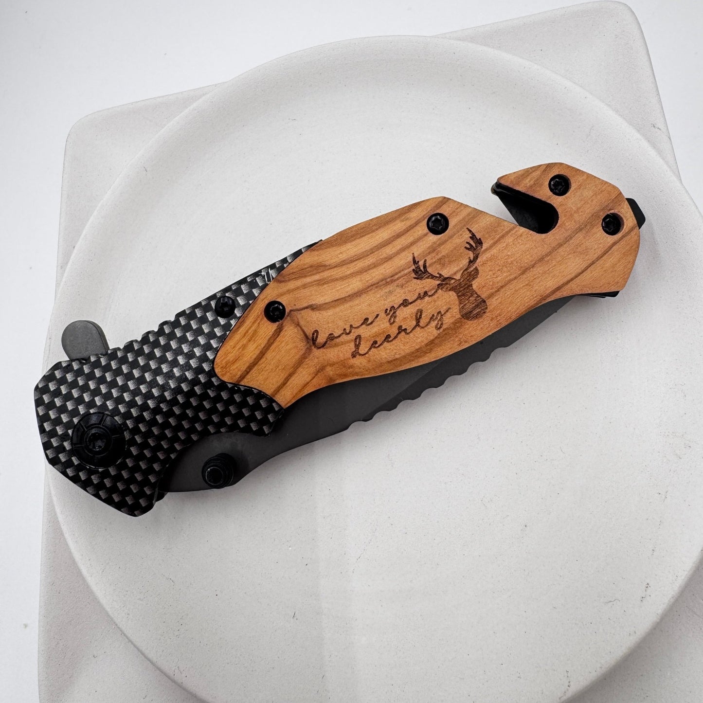 Olive Wood Pocket Knife with Emergency Tools – Engravable, Multi - Functional Folding Knife - Embellish My Heart