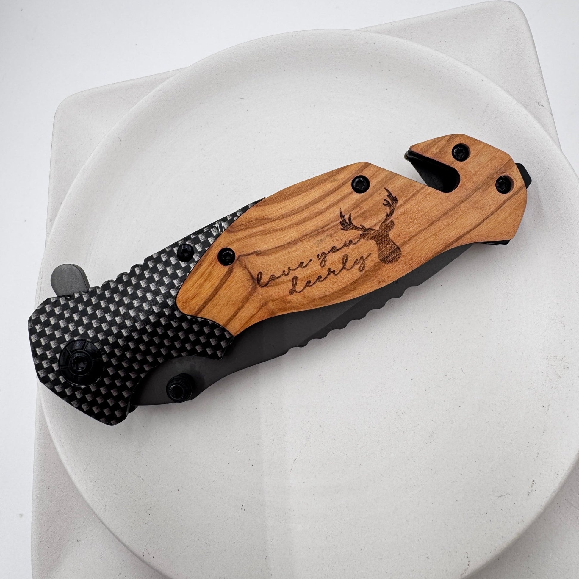 Olive Wood Pocket Knife with Emergency Tools – Engravable, Multi - Functional Folding Knife - Embellish My Heart