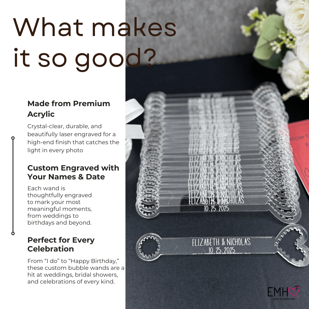 Personalized Acrylic Heart Bubble Wand – Custom Engraved Wedding Favor for Ceremony Send - Off - Embellish My Heart