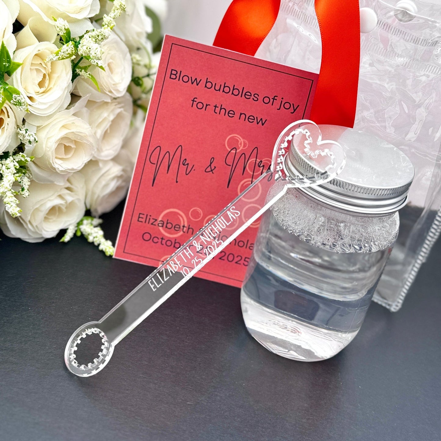 Personalized Acrylic Heart Bubble Wand – Custom Engraved Wedding Favor for Ceremony Send - Off - Embellish My Heart