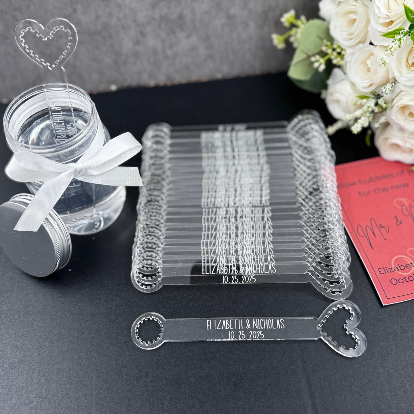 Personalized Acrylic Heart Bubble Wand – Custom Engraved Wedding Favor for Ceremony Send - Off - Embellish My Heart