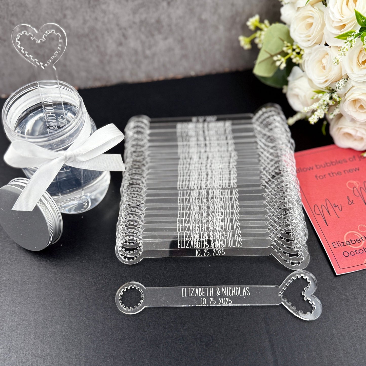 Personalized Acrylic Heart Bubble Wand – Custom Engraved Wedding Favor for Ceremony Send - Off - Embellish My Heart