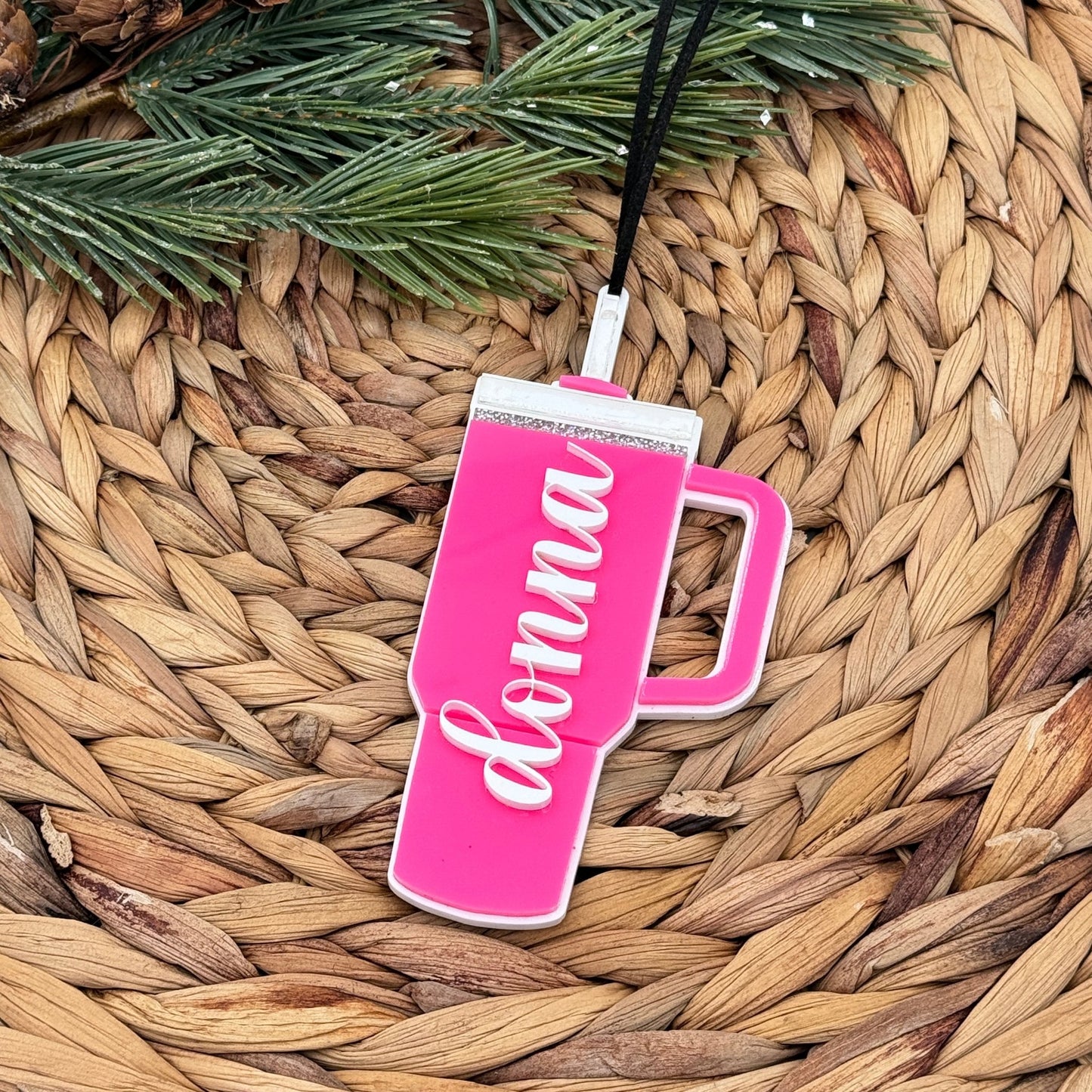 Personalized Tumbler Cup Ornament - Holiday Keepsake or Rearview Mirror Charm - Embellish My Heart