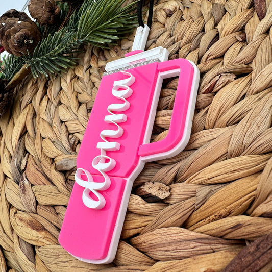 Personalized Tumbler Cup Ornament - Holiday Keepsake or Rearview Mirror Charm - Embellish My Heart