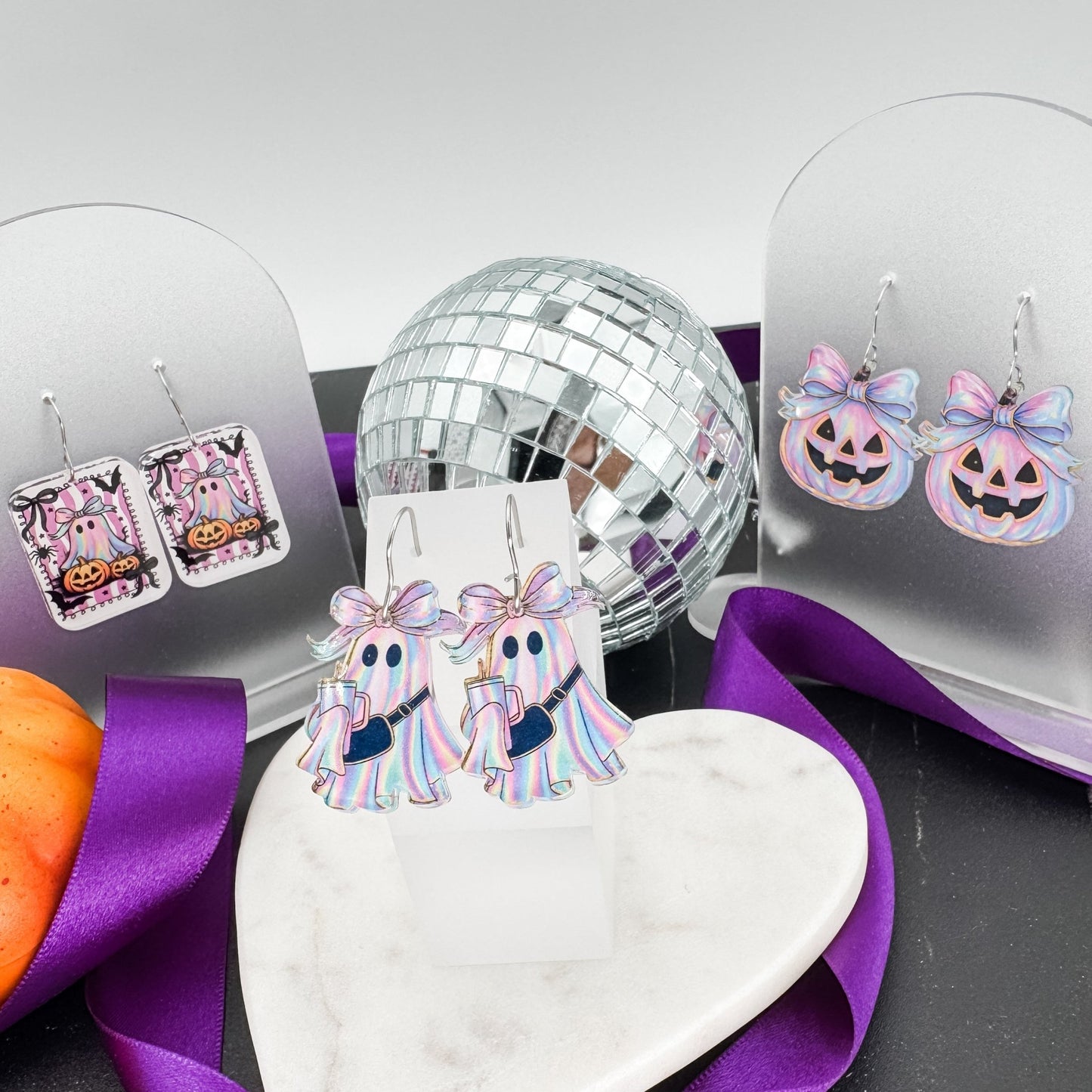 Wholesale Iridescent Pastel Halloween Earrings – Coffee Ghost, Pumpkin Candy Bucket, Witchy Scene | Ready - to - Sell Boutique Jewelry - Embellish My Heart