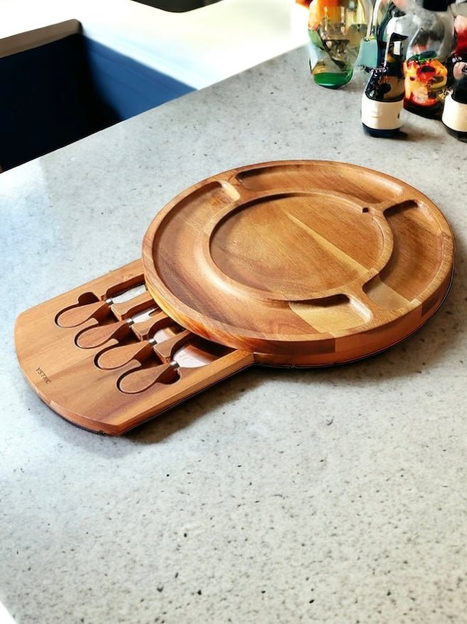 Charcuterie Board Set, Charcuterie Board Set, Acacia Wood Round Cheese Board and Knife Set, Portable Cheese Platter and Serving Tray, Ideal Gift for Housewarming, Party, Wedding Anniversary - Embellish My Heart