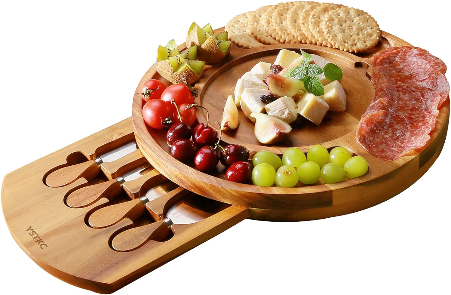 Charcuterie Board Set, Charcuterie Board Set, Acacia Wood Round Cheese Board and Knife Set, Portable Cheese Platter and Serving Tray, Ideal Gift for Housewarming, Party, Wedding Anniversary - Embellish My Heart