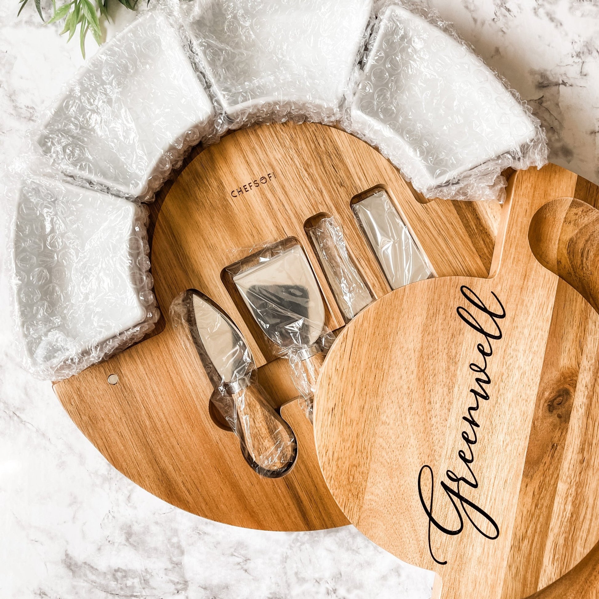 Circular serving board with ramekins and utensils, Closing Gift, Wedding Gift - Embellish My Heart