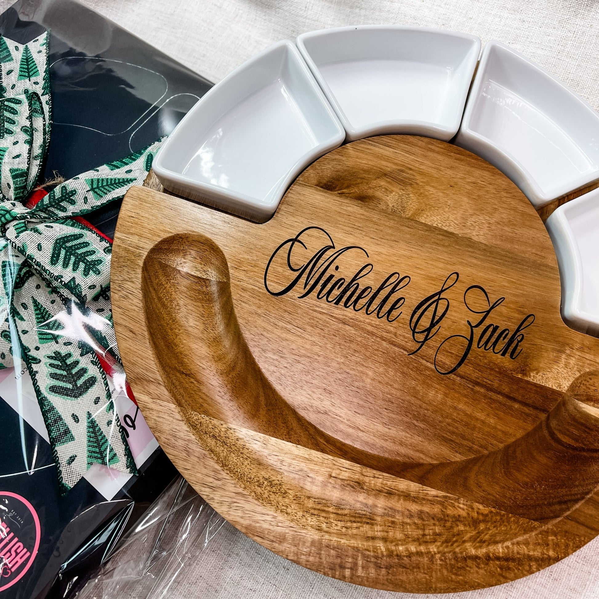 Circular serving board with ramekins and utensils, Closing Gift, Wedding Gift - Embellish My Heart