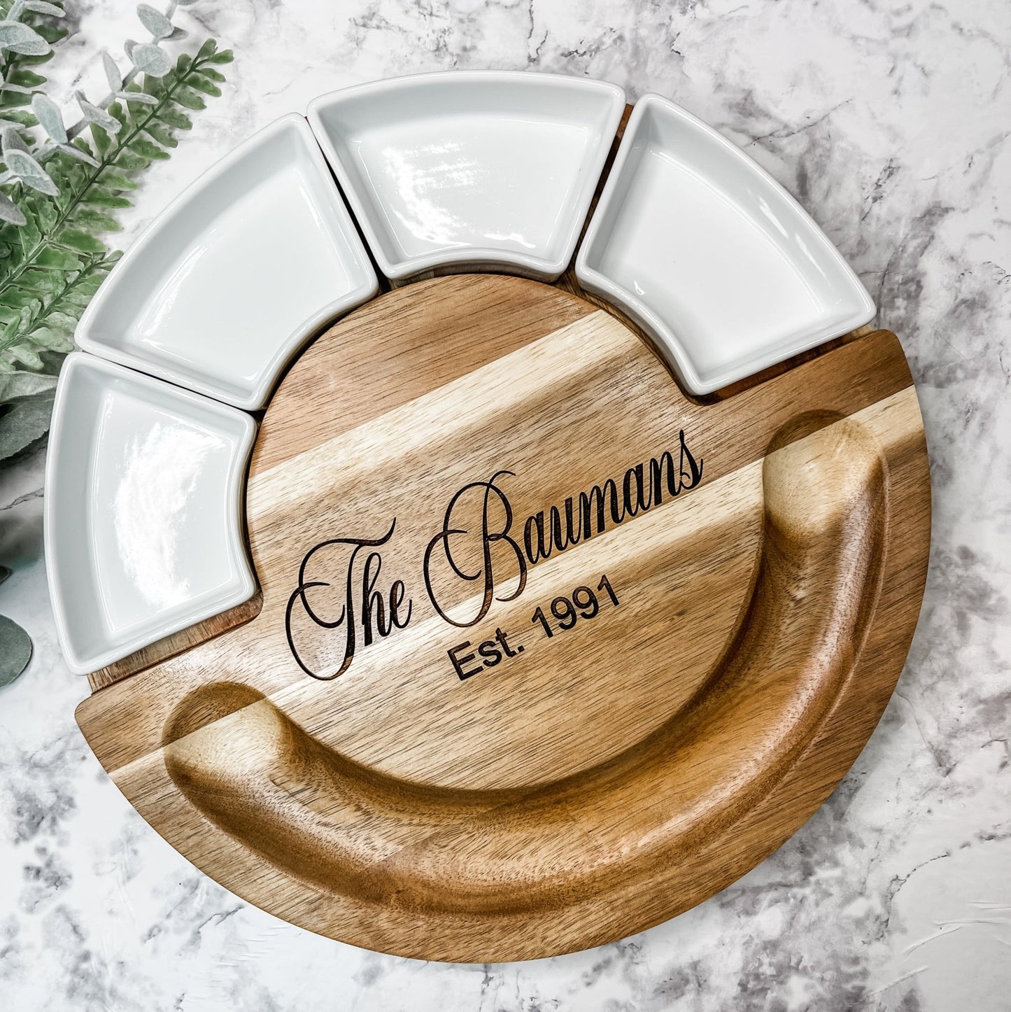 Circular serving board with ramekins and utensils, Closing Gift, Wedding Gift - Embellish My Heart