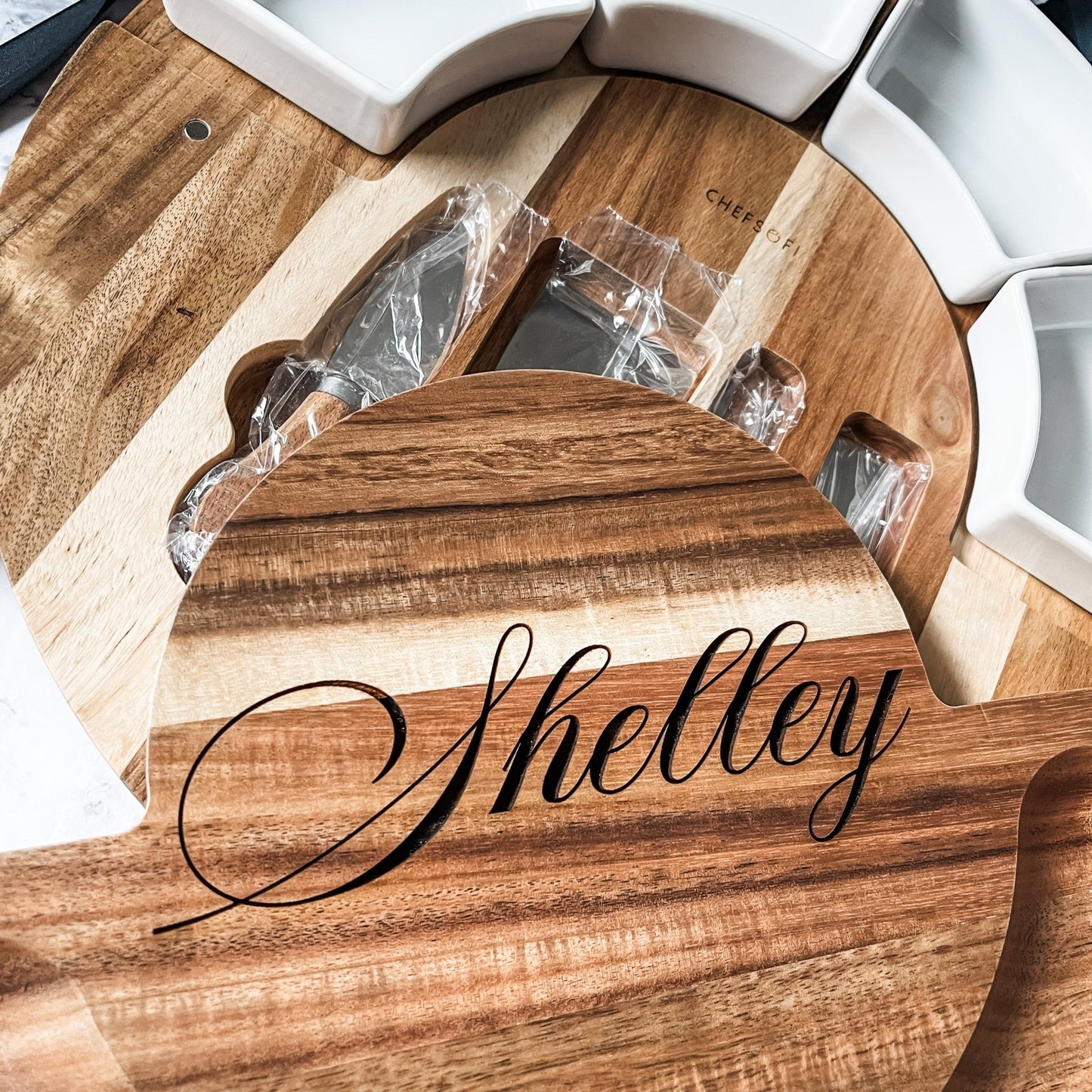 Circular serving board with ramekins and utensils, Closing Gift, Wedding Gift - Embellish My Heart