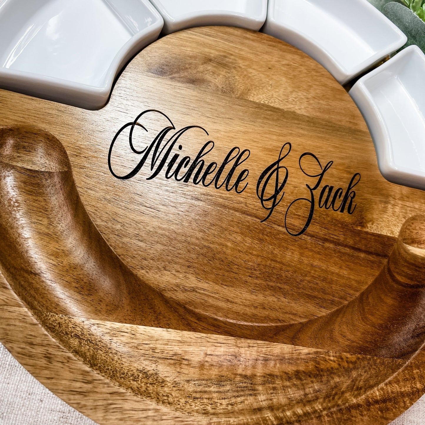 Circular serving board with ramekins and utensils, Closing Gift, Wedding Gift - Embellish My Heart
