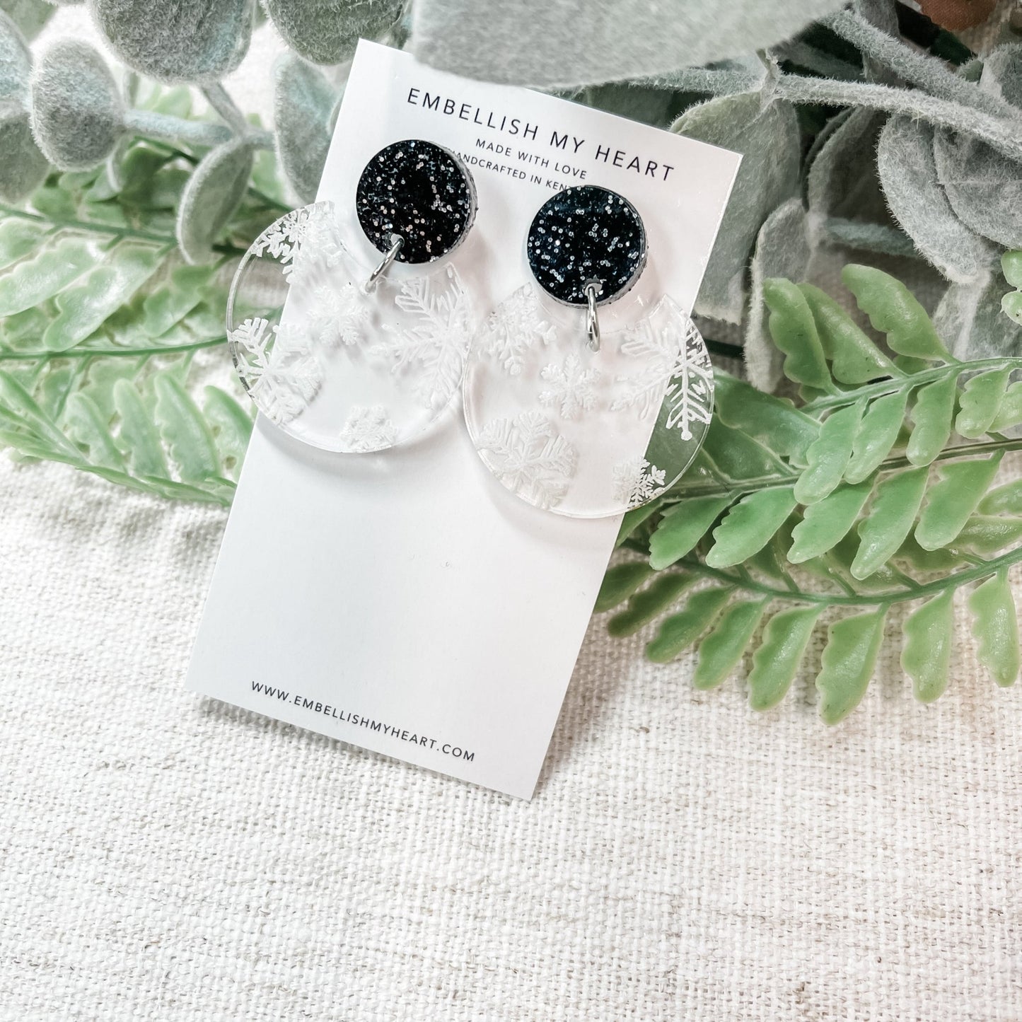 Snowflake Black Glitter Acrylic Post Dangle Earrings - Embellish My Heart